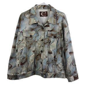 Y2K Crest Jeans Denim Trucker Jacket Large Psychedelic Print Pockets Relaxed